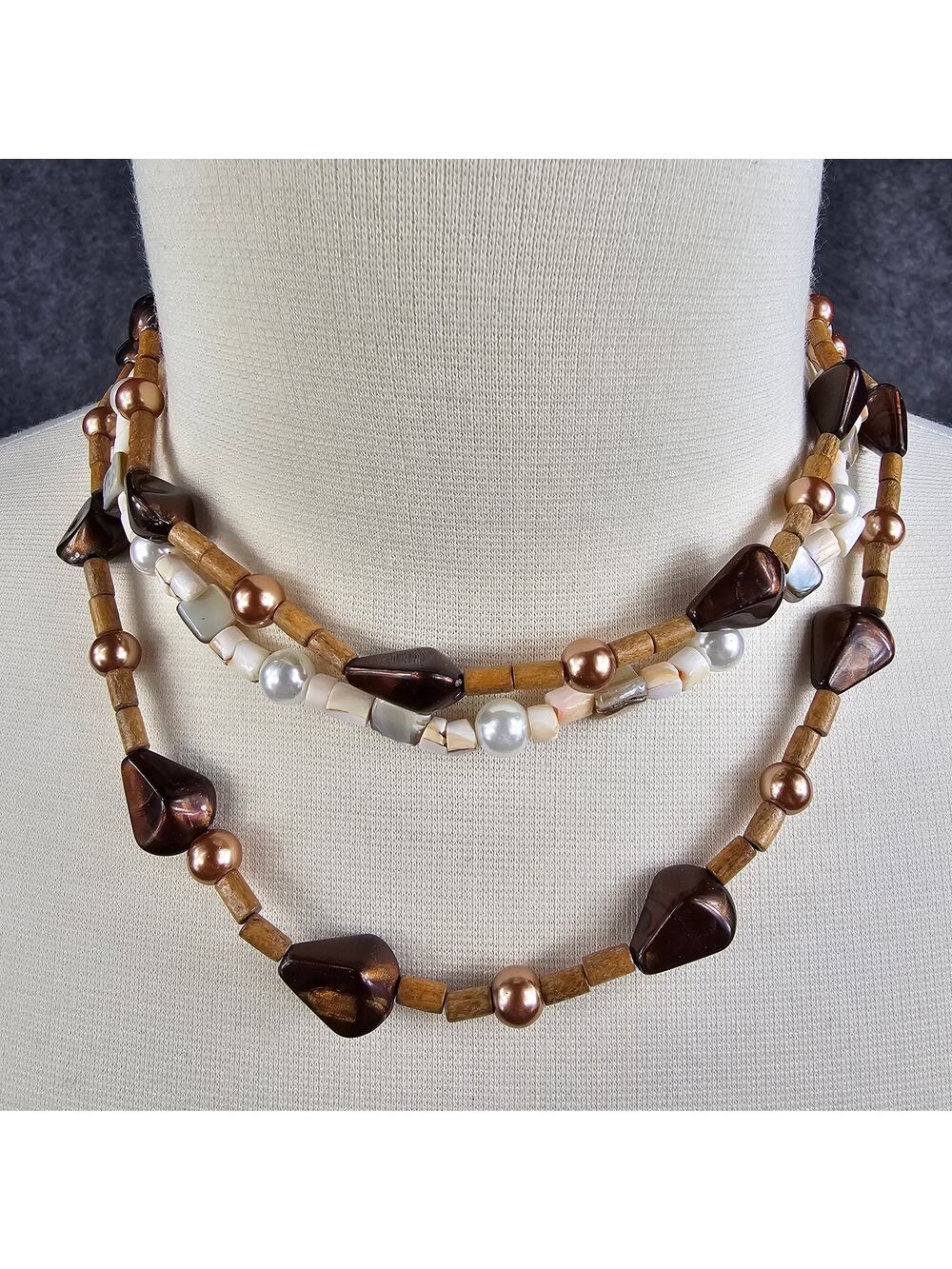 Vintage Chunky Bead Shell Wood Necklace Multi Strand Beach Surf Tribal Boho 18in